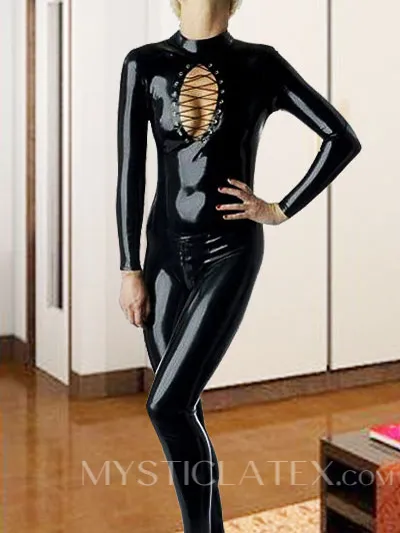 Natural Latex Clothing Black X Girl Latex Long Sleeves Catwoman Catsuit
