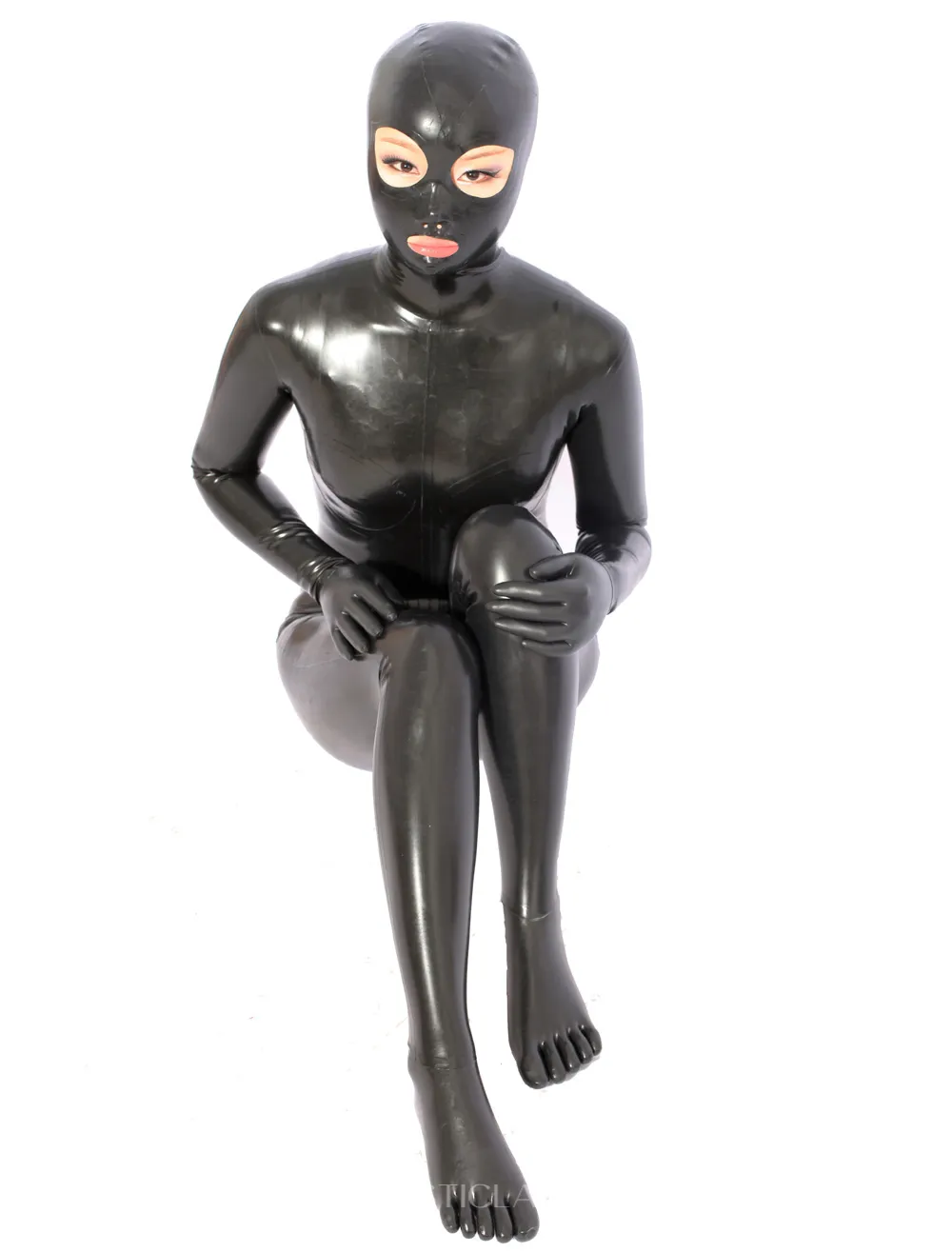 Black Latex Clothing Gimp Open Eyes Open Mouth Catsuit