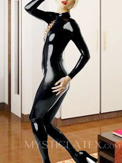 Natural Latex Clothing Black X Girl Latex Long Sleeves Catwoman Catsuit