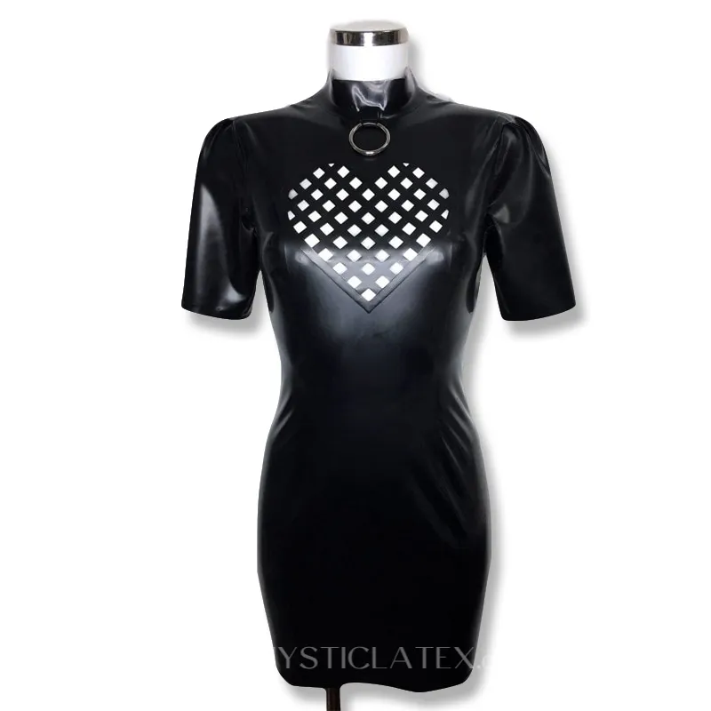 Natural Latex Heart-shaped Grid Short Sleeves High Stretch Shiny Black Wrap Hips Latex Dress
