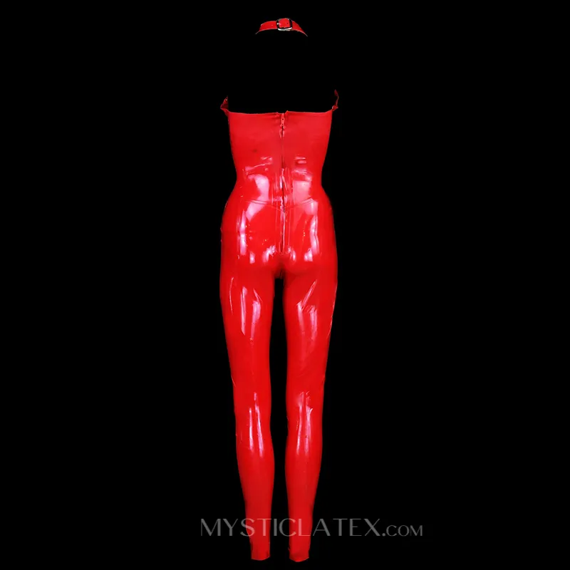 Nature Latex Tight Sexy One-piece Red Halterneck Rivet Women Latex Jumpsuits