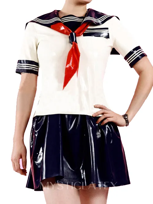 Latex Sailor Suit with Skirt Shorts Japanese JK Uniform Rubber Latex Clothing with Red Scarf