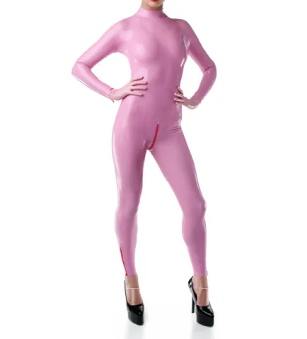 Rubber Fetish Latex Clothing Female Sexy Pink Lady Back Zip Latex Catsuit without Hood Customize for Women