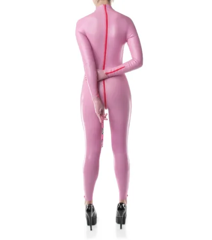 Rubber Fetish Latex Clothing Female Sexy Pink Lady Back Zip Latex Catsuit without Hood Customize for Women