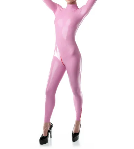 Rubber Fetish Latex Clothing Female Sexy Pink Lady Back Zip Latex Catsuit without Hood Customize for Women