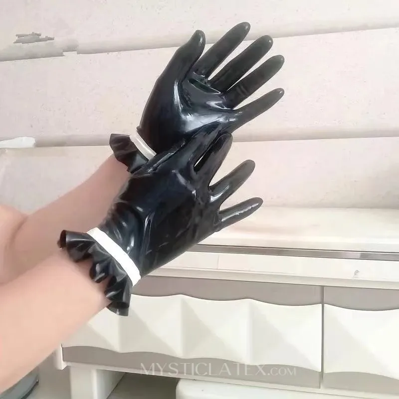 Rubber Fetish Latex Short Gloves Black Wrist Pleated Gloves Mitt Latex Gloves