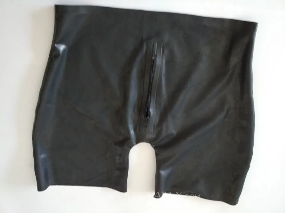 Rubber Fetish Latex Underwear Attached Anal Sheath Front Zipper Sexy Shorts Customize for Men