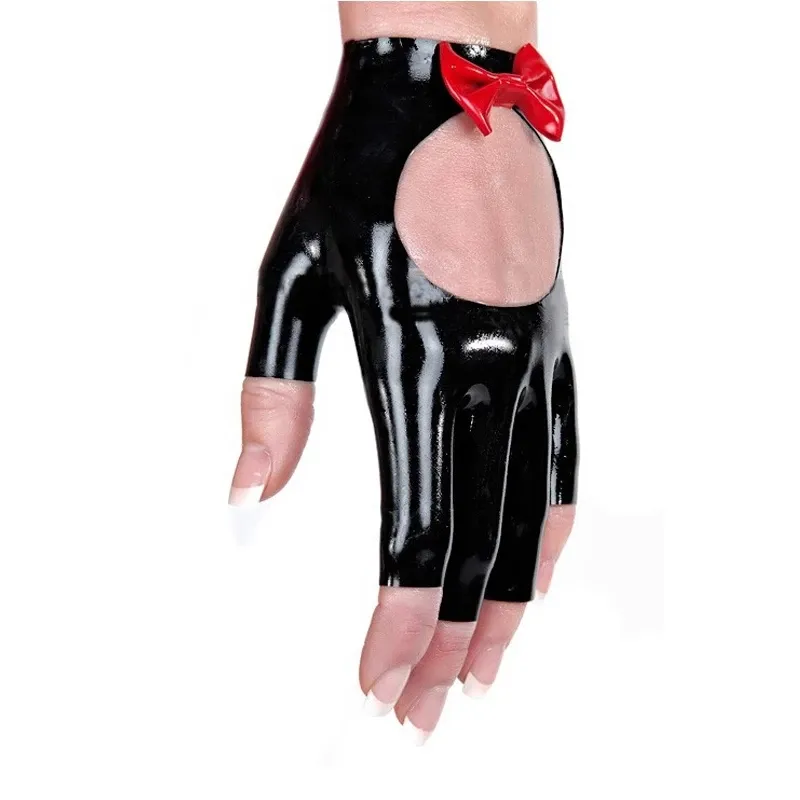 Sexy Unisex Latex Open Hole Half Fingers Short Latex Gloves with Red Bow-knot