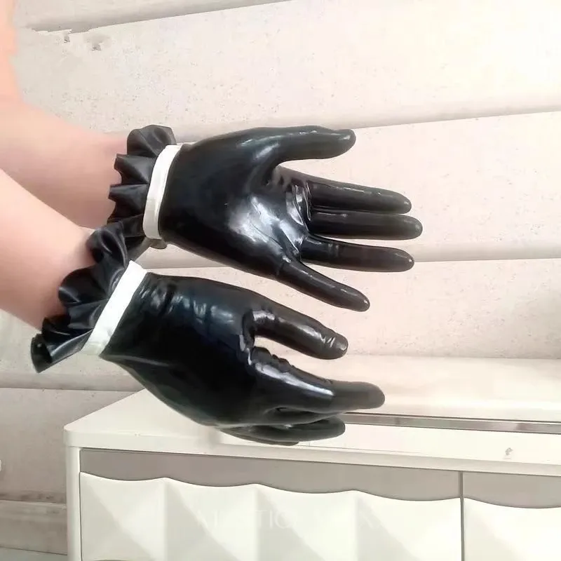 Rubber Fetish Latex Short Gloves Black Wrist Pleated Gloves Mitt Latex Gloves