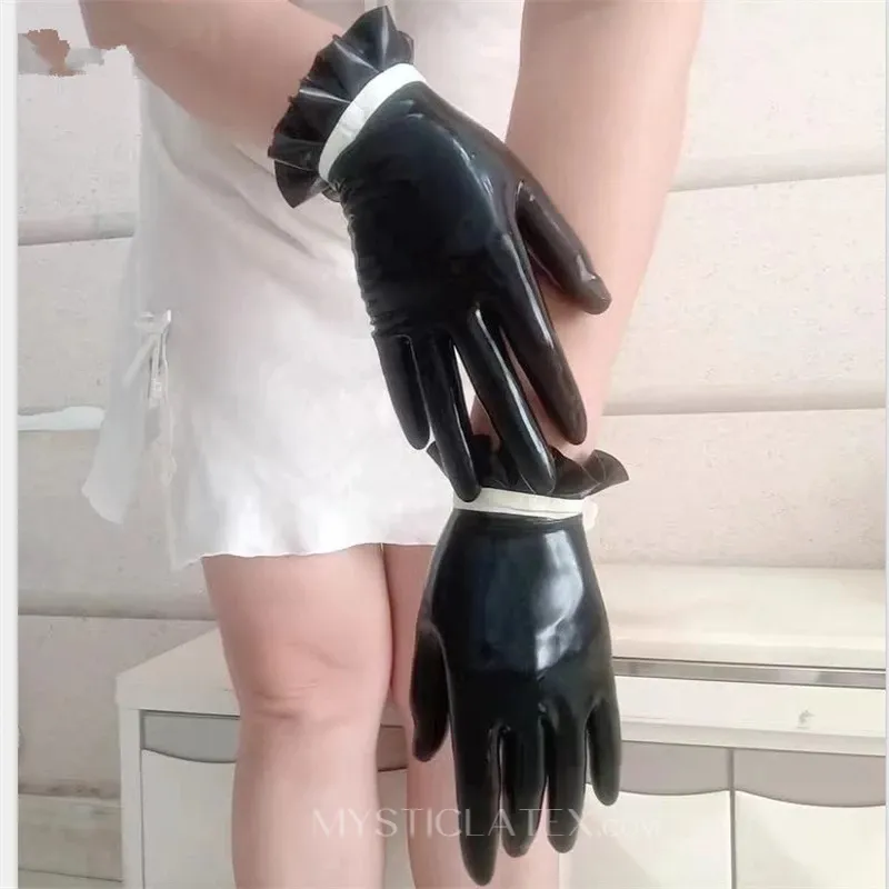 Rubber Fetish Latex Short Gloves Black Wrist Pleated Gloves Mitt Latex Gloves