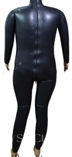 Black Natural Latex Clothing Gummi Inflatable Catsuit Back Zip to Crotch Overall Bodysuits