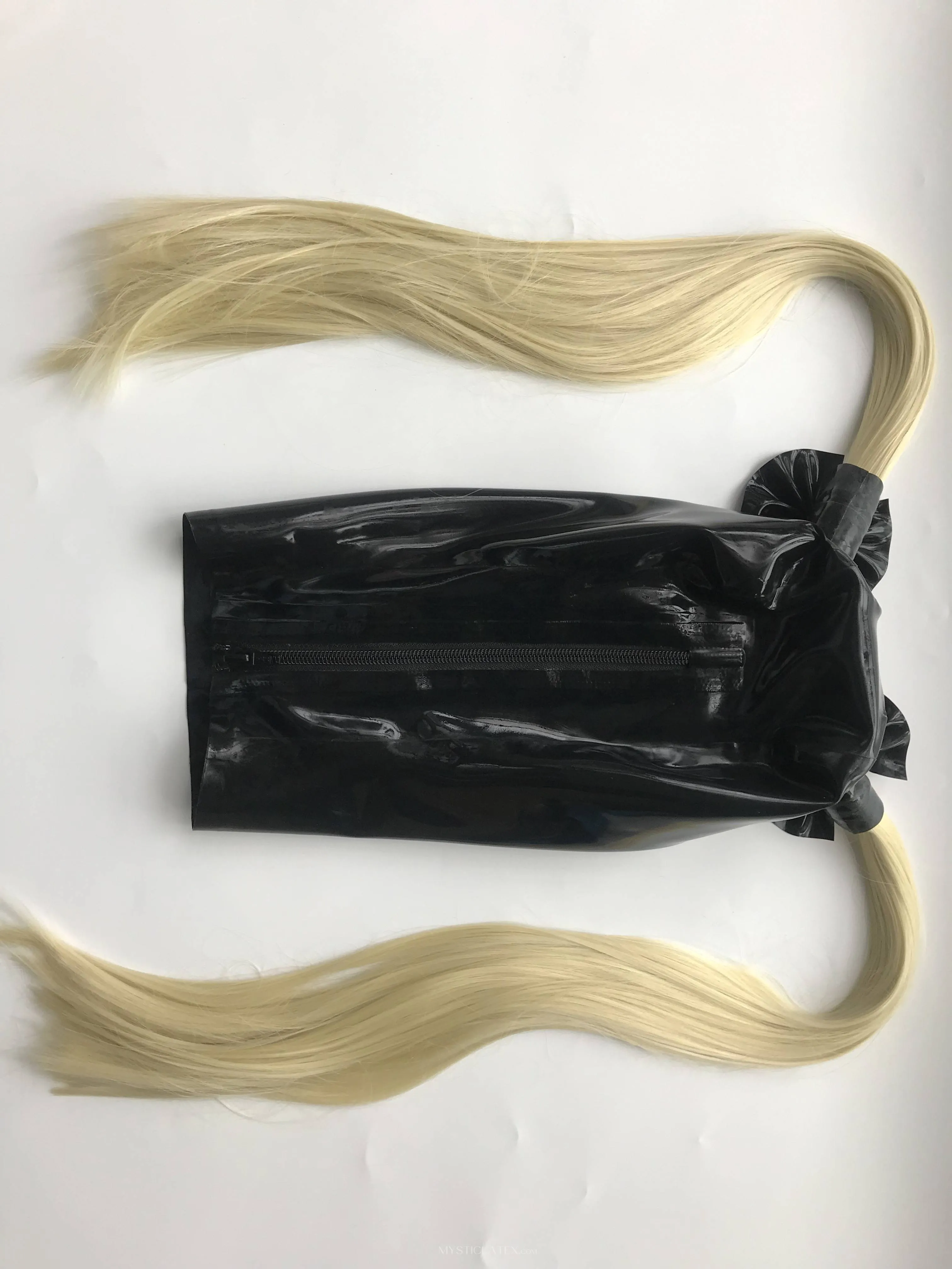 Natural Latex Black Mask Fetish Open Eyes Mouth Back Zipper Hood with Hair pieces Wig