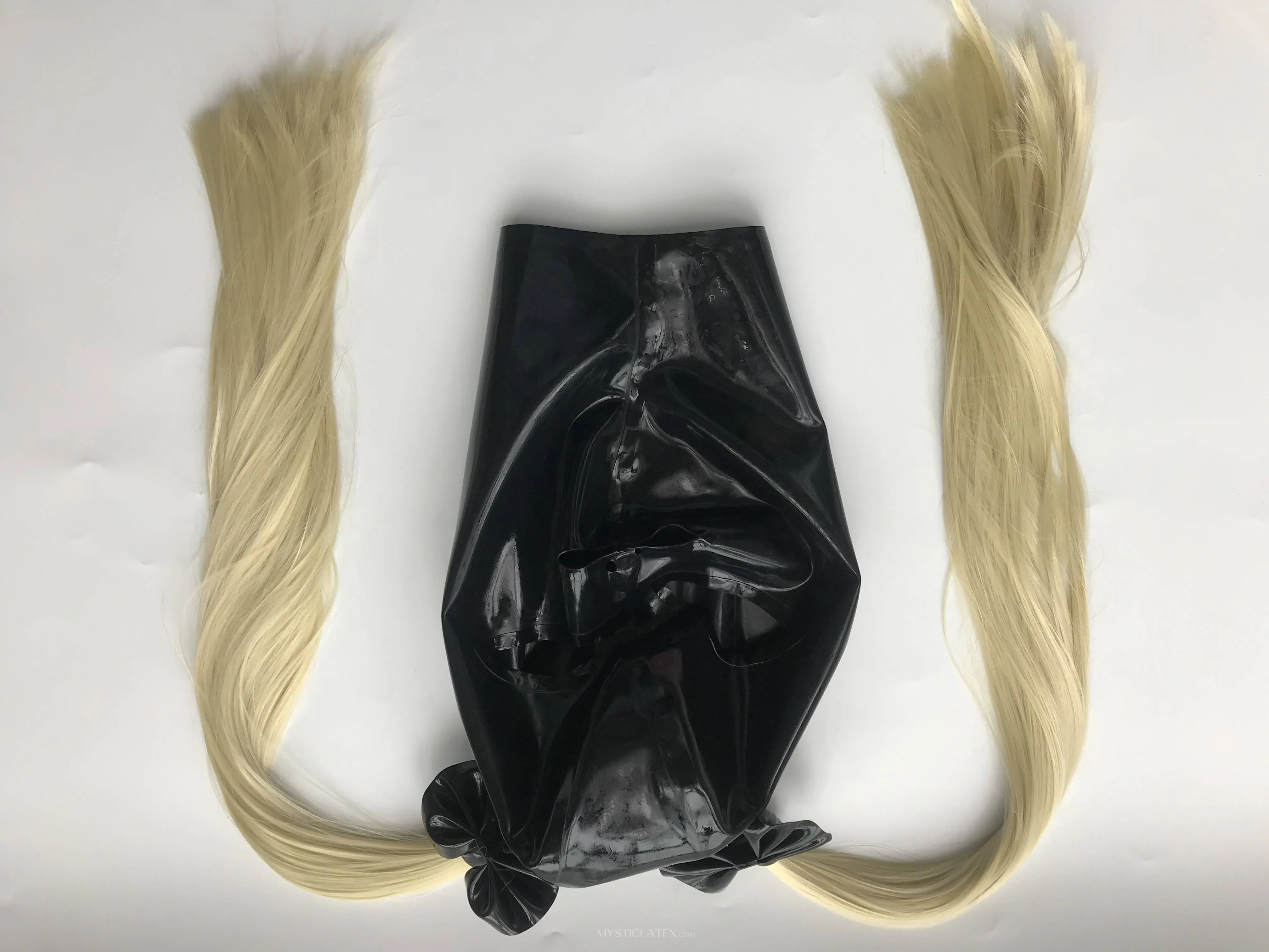 Natural Latex Black Mask Fetish Open Eyes Mouth Back Zipper Hood with Hair pieces Wig