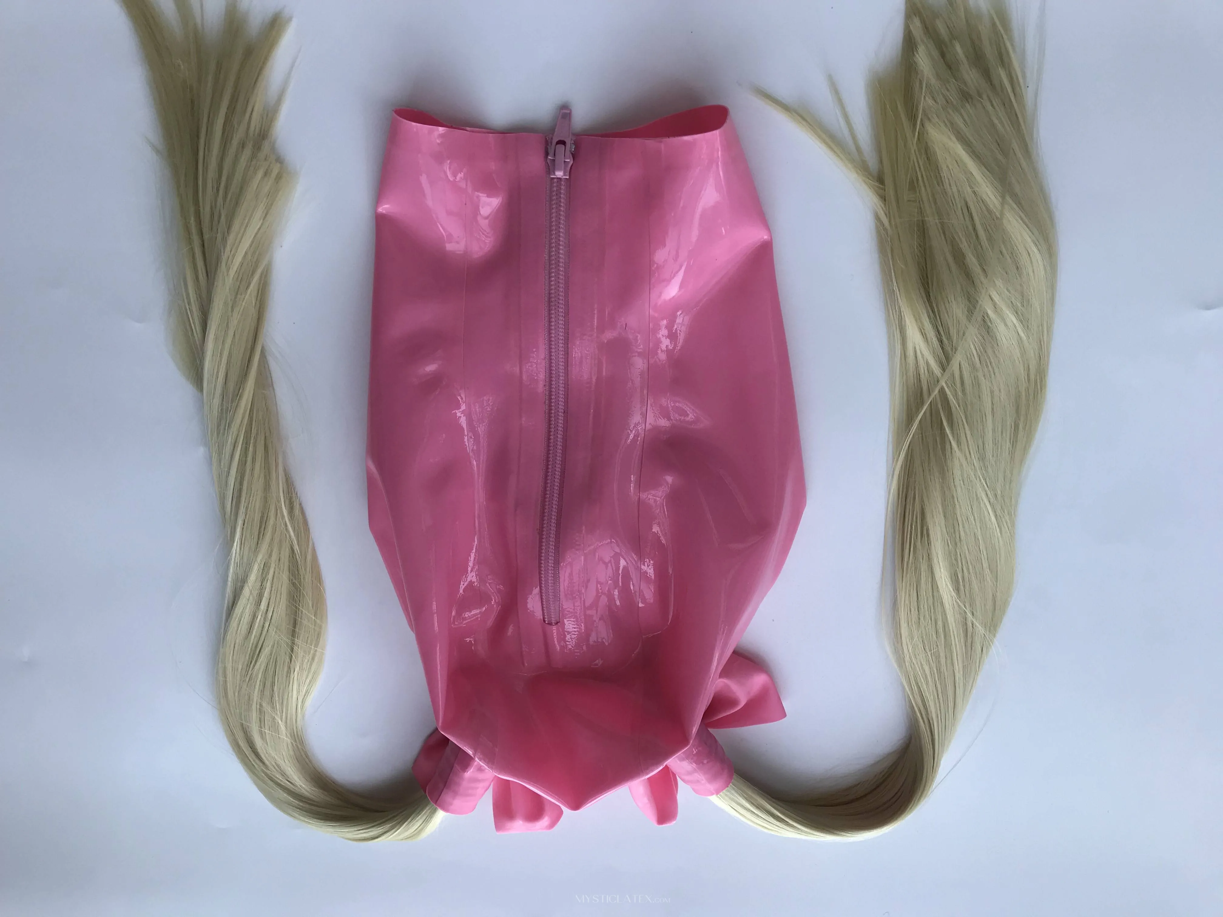 Natural Latex Black Mask Fetish Open Eyes Mouth Back Zipper Hood with Hair pieces Wig