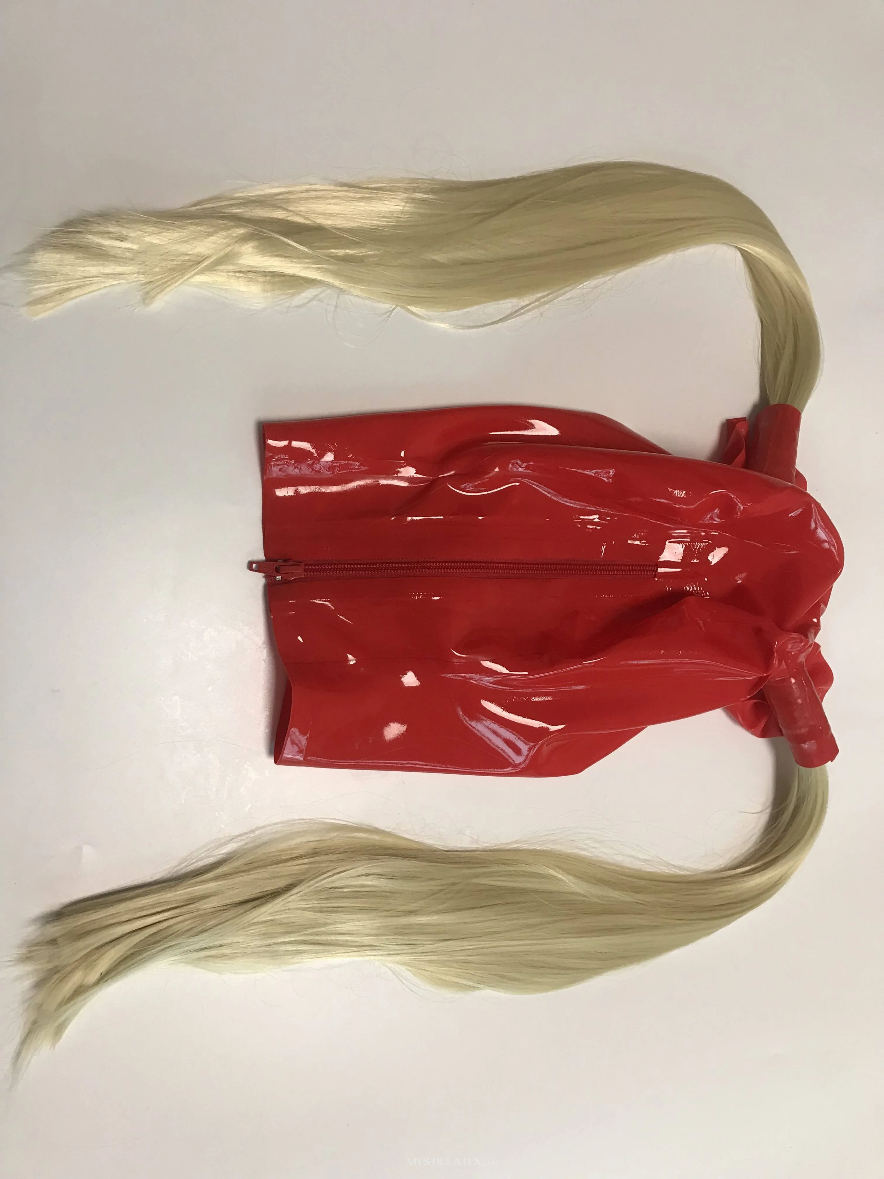 Natural Latex Black Mask Fetish Open Eyes Mouth Back Zipper Hood with Hair pieces Wig