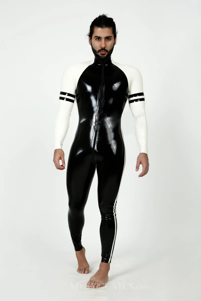 Bright Double Stripes Front Zipper Latex Catsuit
