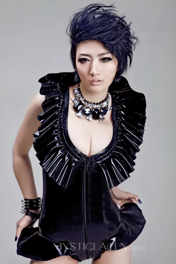 Layered Ruffles Neck Latex Bodysuit