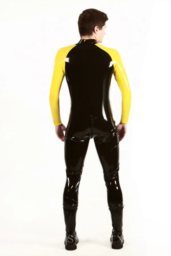 Women Double Color Front Thru Zipper Latex Catsuit