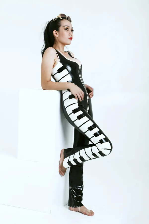 Women Latex Clothing Piano Black White Sleeveless Latex Catsuit