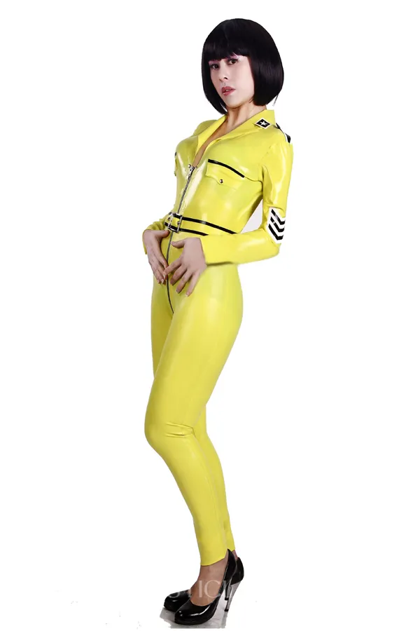 White Latex Clothing Strip Front Zip Waist Belt Latex Catsuit