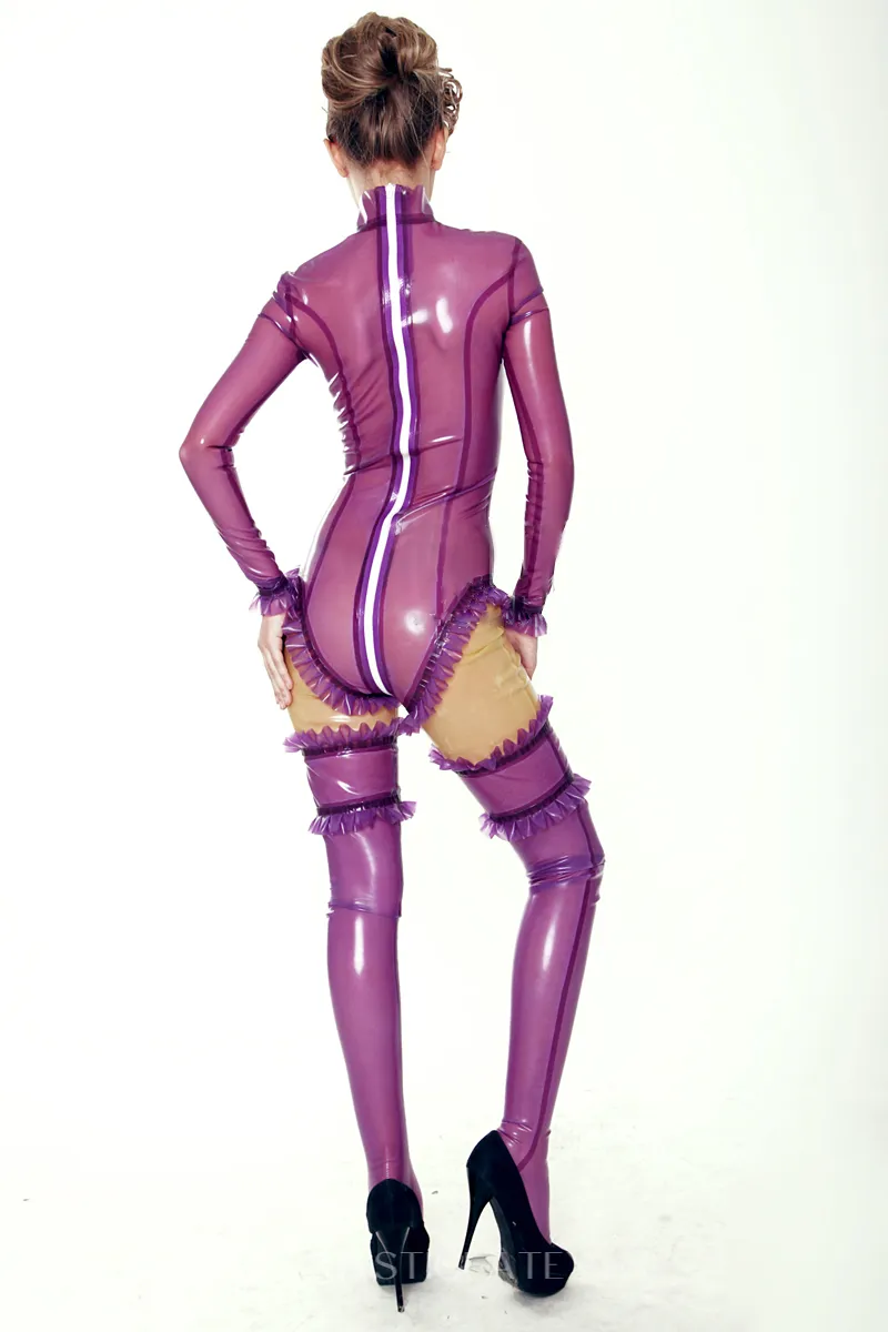 Purple High Collar Strip Annie Bodysuit Latex Clothing