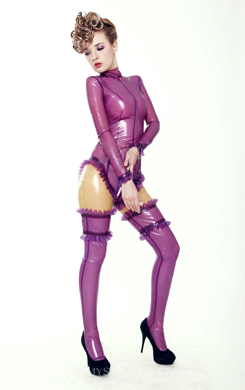 Purple High Collar Strip Annie Bodysuit Latex Clothing