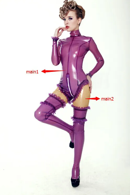 Purple High Collar Strip Annie Bodysuit Latex Clothing