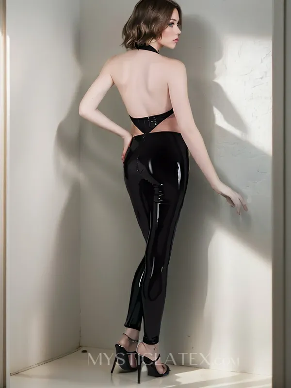 Women Latex Clothing Sexy Halterneck Open Back Latex Bodysuit.