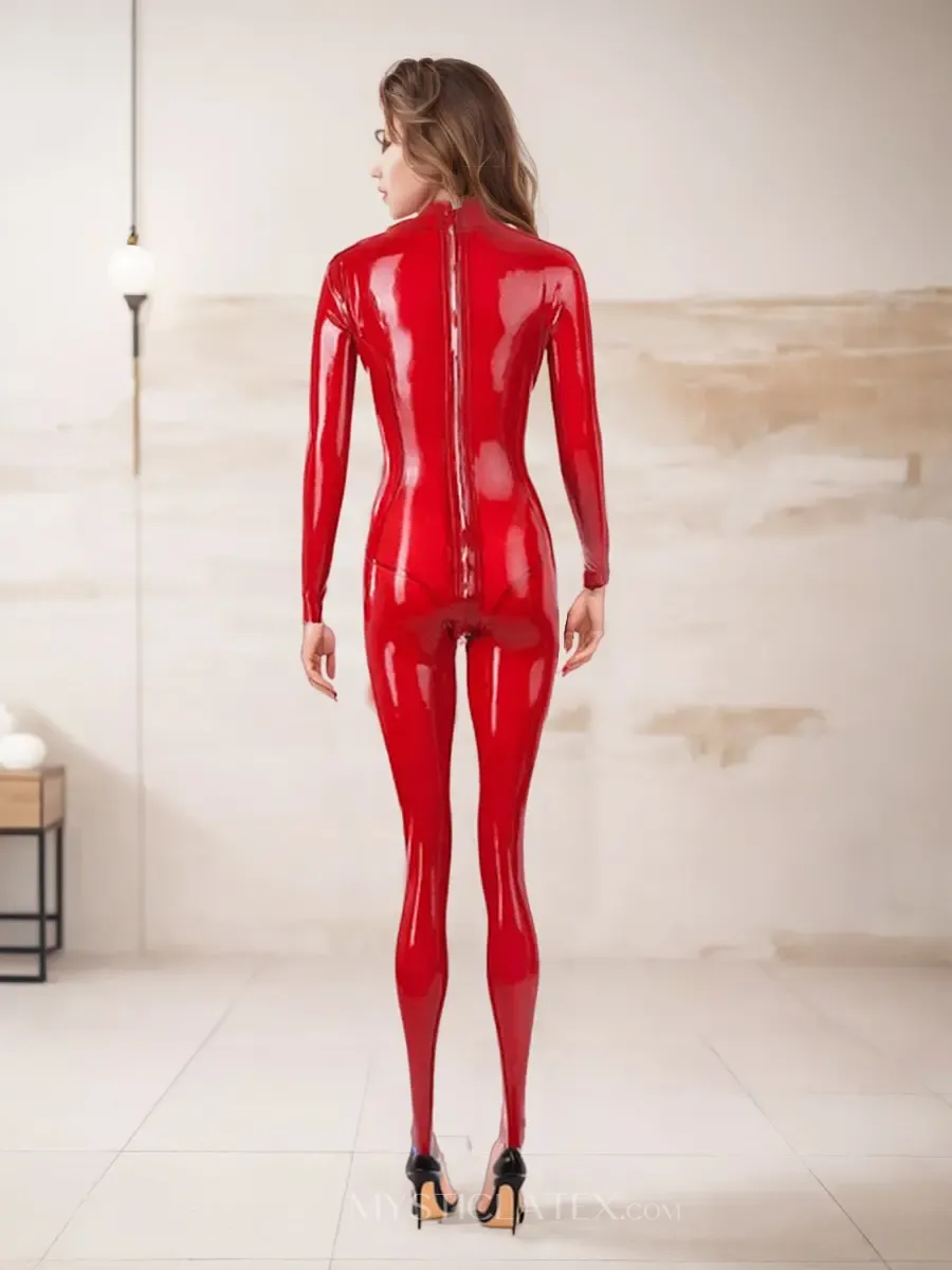 Women Latex Clothing Red Full Body Back Zipper Latex Catsuit