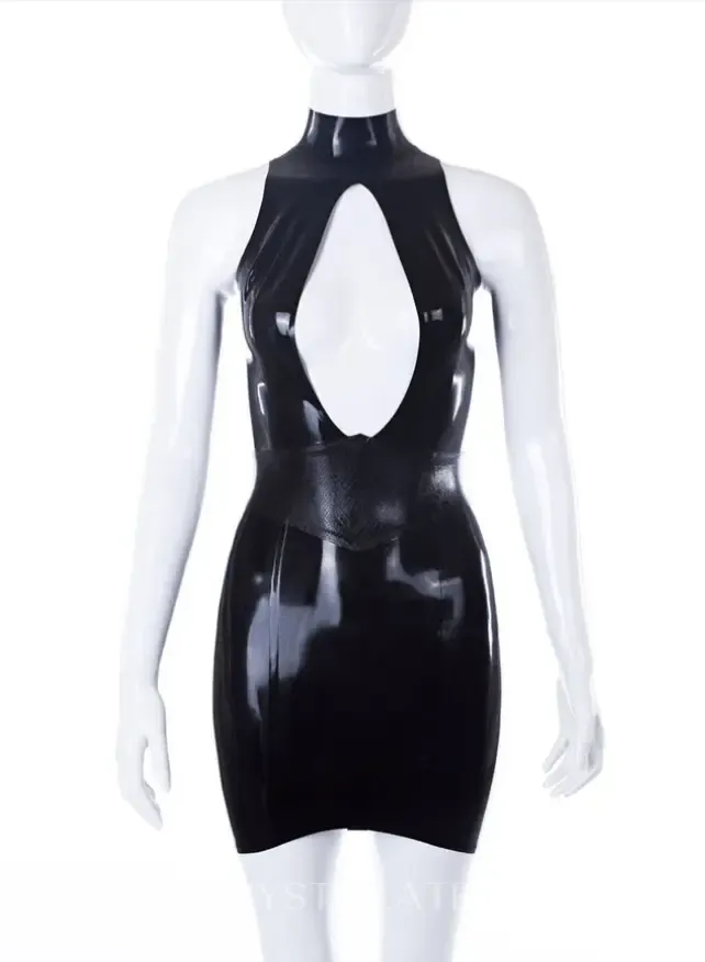 Women Sleeveless Chest Leakage Back Zipper Snake Skin Textured Latex Dress