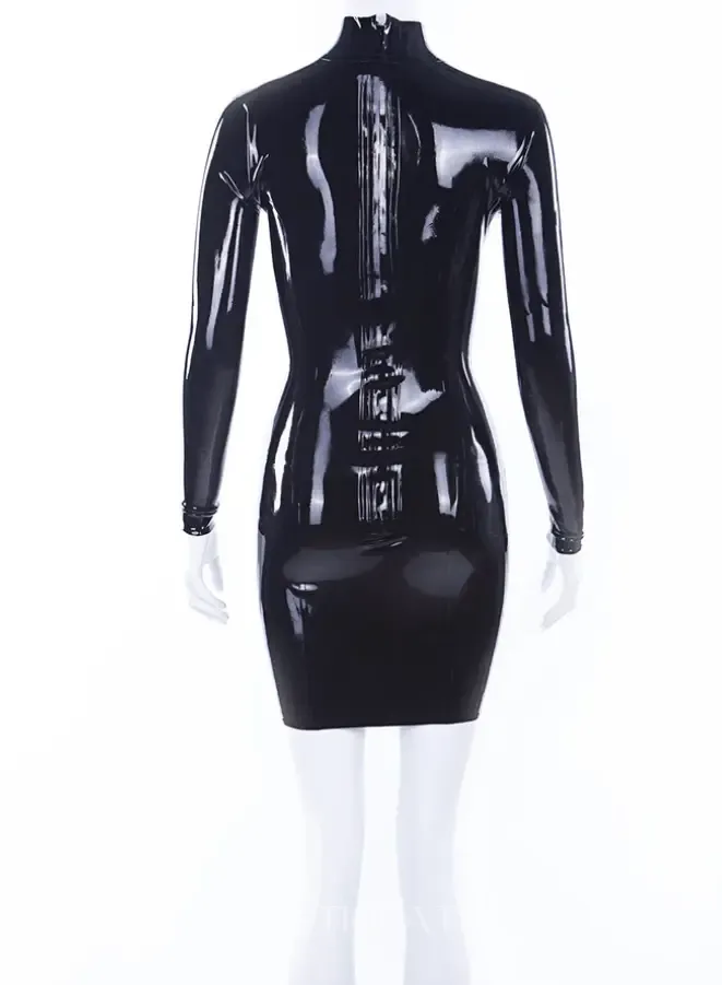 Black Long Sleeves High Collar Back Zip Latex Mini Dress