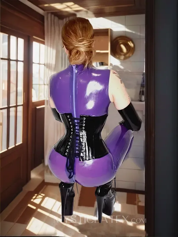 Women Latex Clothing Back Zipper Latex Catsuit with Corset