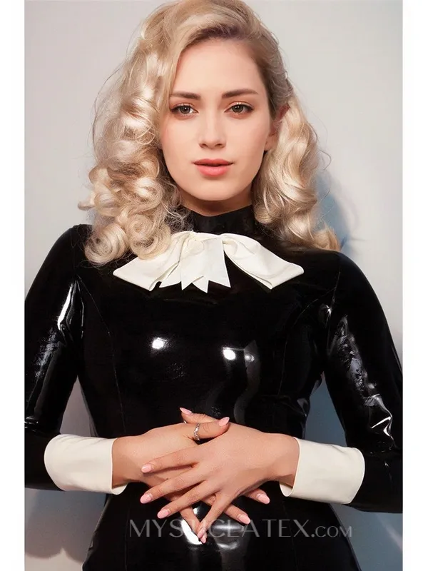 Women Long Sleeves Neckline Bowknot Latex Dress