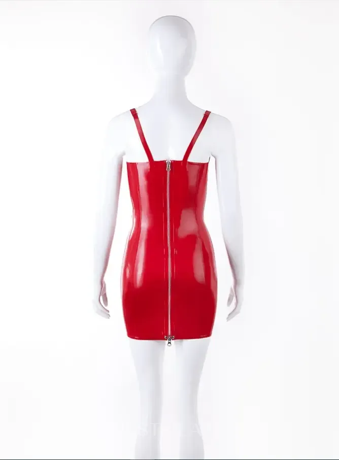 Back Zip Cup Red Latex Sling Dress