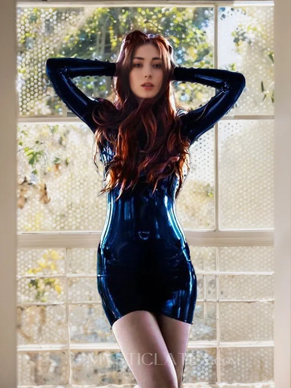 Black Long Sleeves High Collar Back Zip Latex Mini Dress