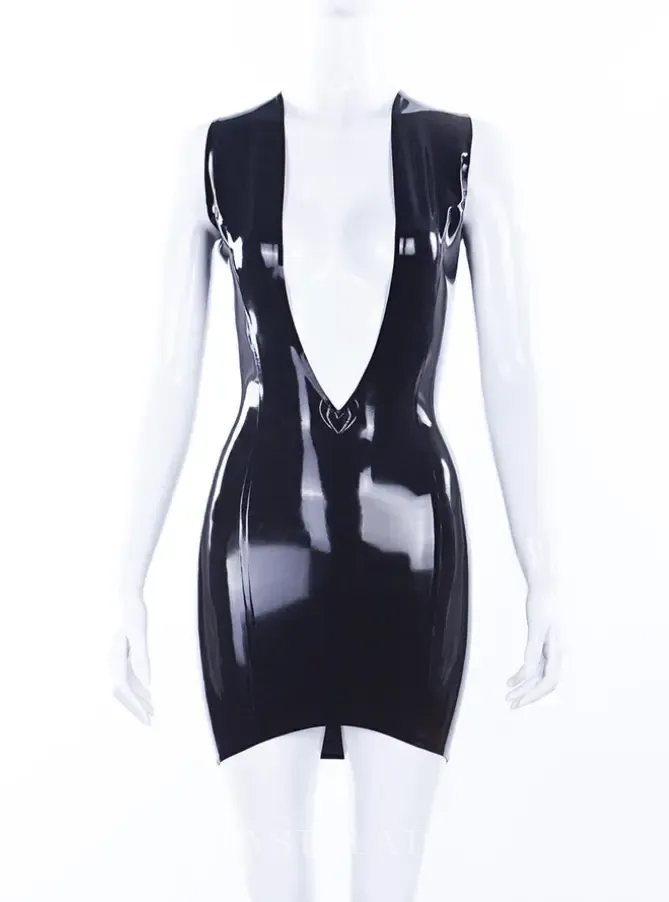 Women V Cleavage Back Zipper Latex Dress