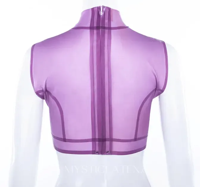 Women Transparent Stand Collar Latex Top
