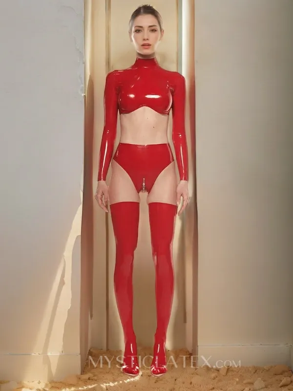 Women Long Sleeves High Waist Back Zipper Latex Top