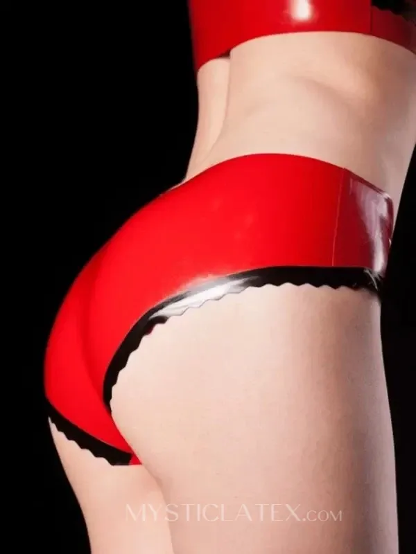 Women Bowknot Red Black Trim Strip Latex Panties