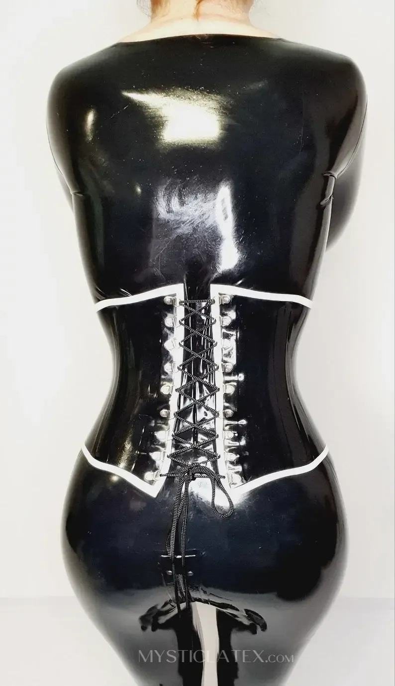 Front White Belt Buckle Back Cross Lace Up Skintight Latex Black Corset