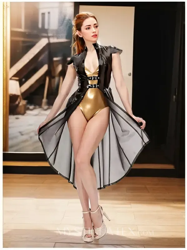 Women Feminine Wide Cut Hemline Latex Cloak with Buckles