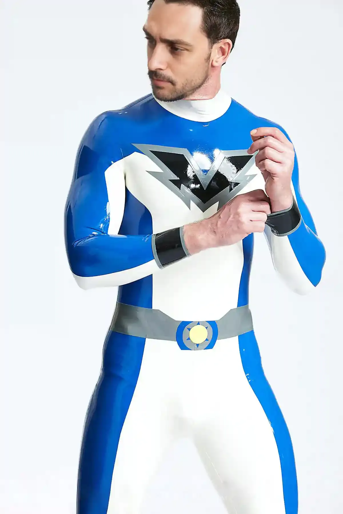 Bold V Pattern Fake Belt Pattern Male Valorous Latex Catsuit