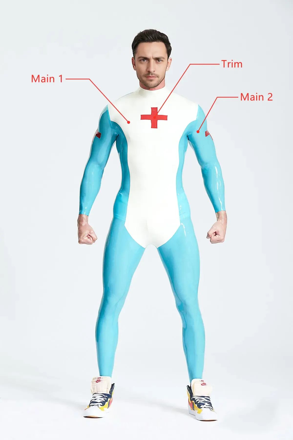 Chest Red Cross Male Medic Latex Catsuit