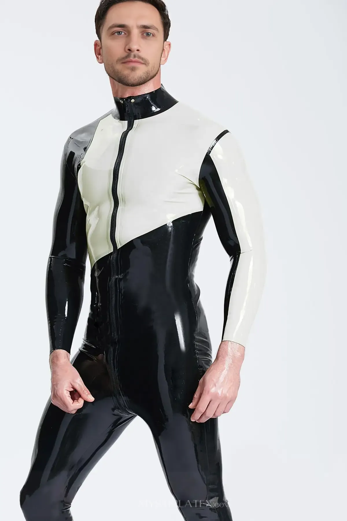Left Sleeve Two-color Pattern Male Asymmetric Latex Catsuit