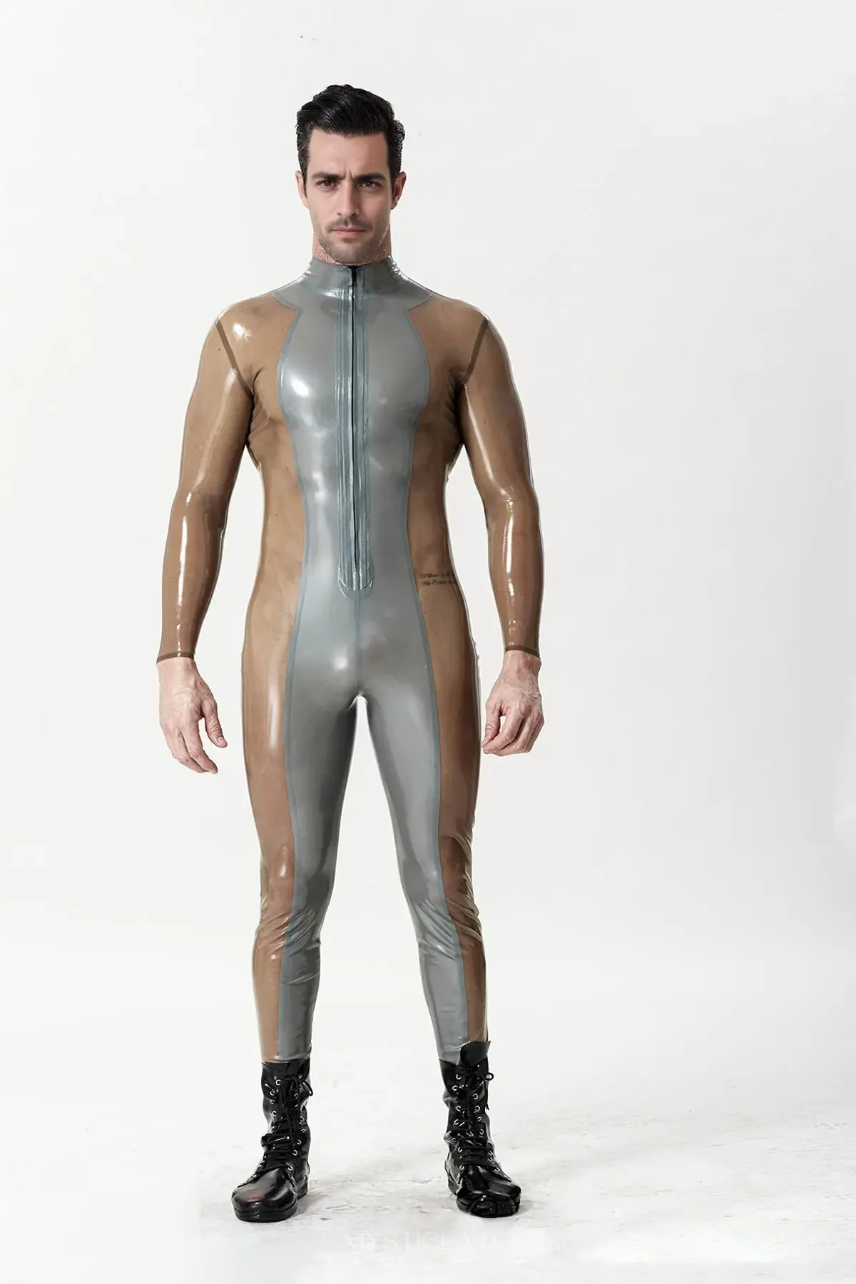 Translucent Sleeves and Sides Body Silver Sleek Front-zip Latex Catsuit