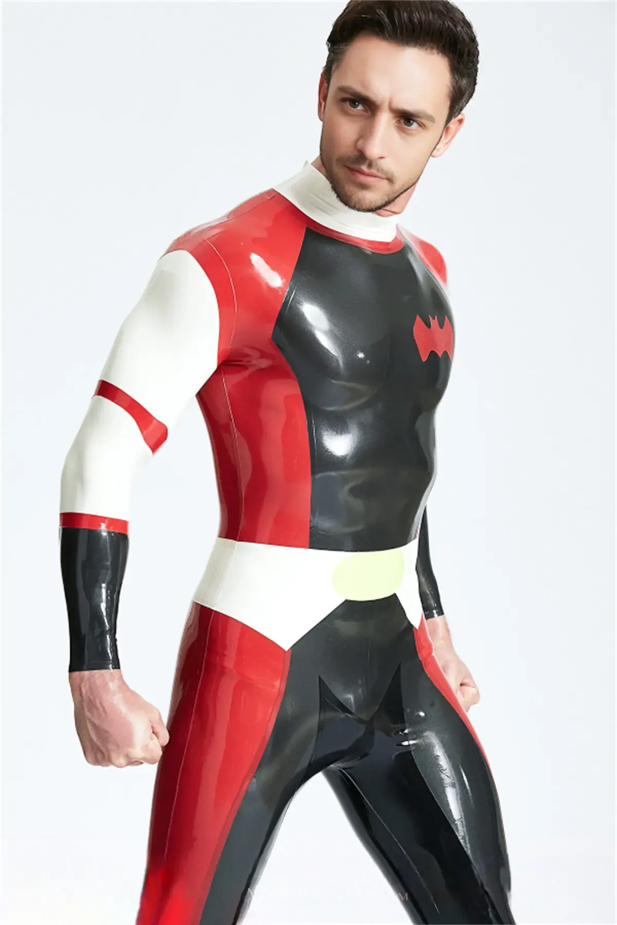 Futuristic Style Batwing Emblem Back Zipper Latex Catsuit