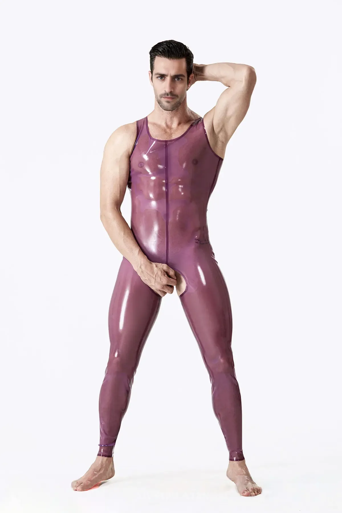 Man Translucent Purple Sleeveless Front Crotch Hole Open Bum Singlet Latex Suit