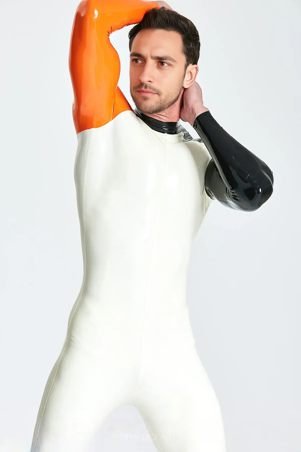 Male Contrast Coloured Sleeves Mid-height Neck Collar Sixtyniner Latex Catsuit