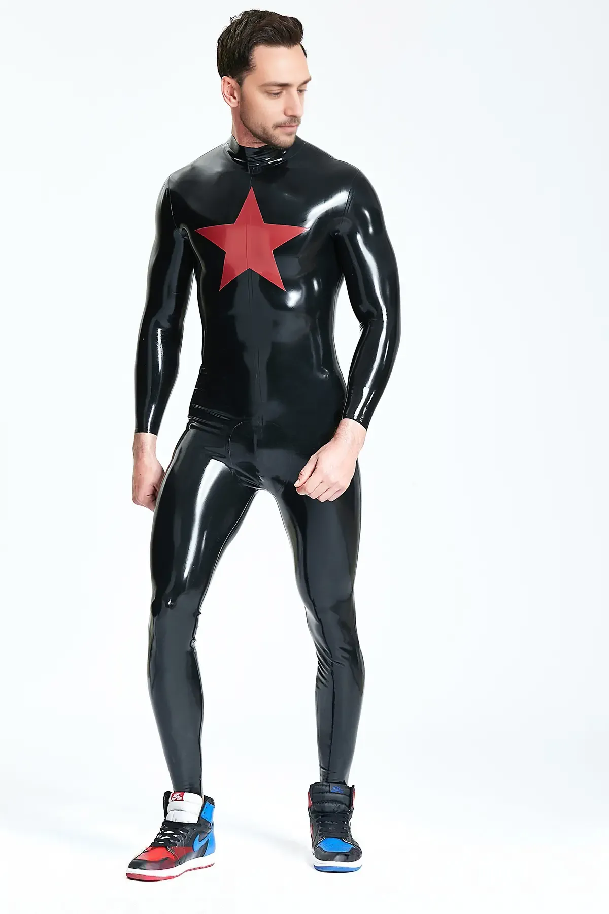 Male Black and Red Trim Star Pattern Latex Catsuit