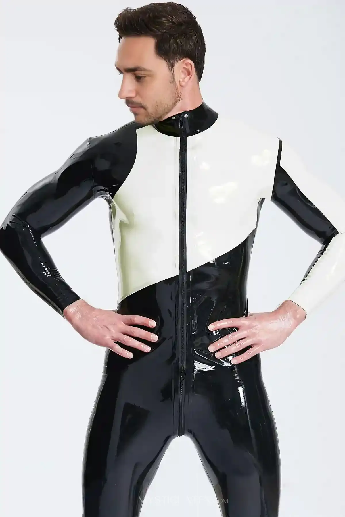 Left Sleeve Two-color Pattern Male Asymmetric Latex Catsuit
